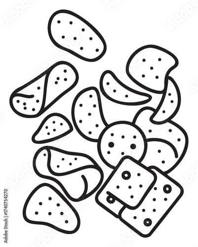 Black outline vector icon of various scattered potato chips and crackers, showcasing a simple and minimalistic style for food-related concepts.