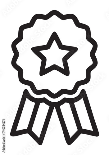 Black outline vector icon of an award ribbon featuring a star symbol centered on the badge, representing achievement and excellence.