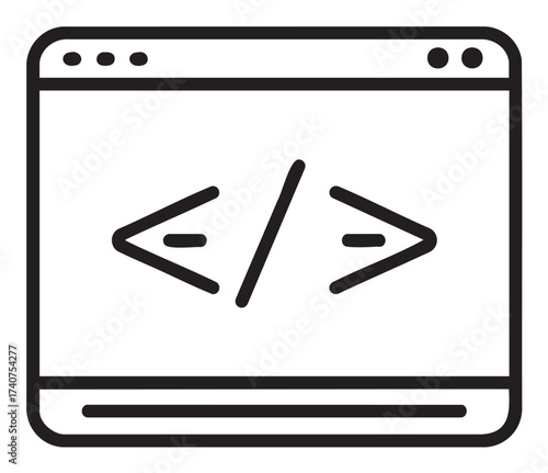 Black outline icon of a web browser window featuring html code brackets, representing web development and coding concepts.