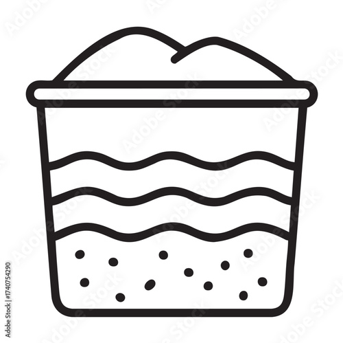 Black outline icon of a container filled with various contents, including a layer of granules and a wave pattern on the sides.