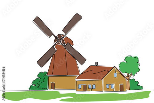 Single continuous line drawing windmill with house. Giant waterwheel to smooth irrigation channels. Eco friendly house. Balance of nature. National Windmill Day. One line design vector illustration