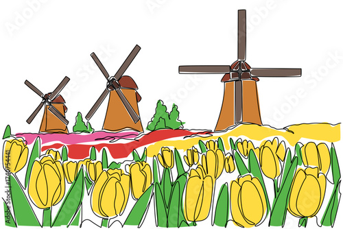 Single continuous line drawing tulip garden with some windmills. Automatic irrigation for watering large tulip flower gardens. Technology. National Windmill Day. One line design vector illustration