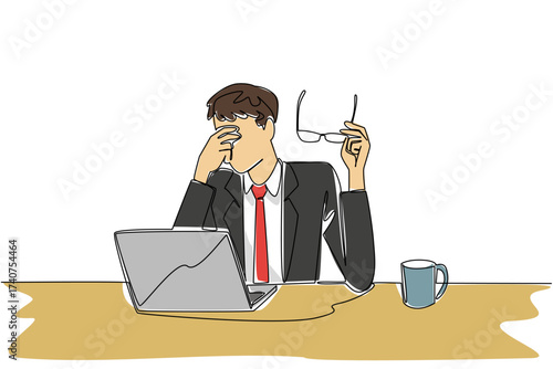 Continuous one line drawing businessman sits while taking off glasses and rubbing his eyes. A programmer who feels very tired. Chronic Fatigue Syndrome Day. Single line draw design vector illustration