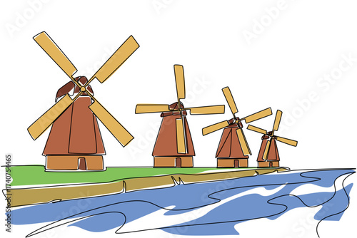 Single one line drawing some windmills with flowing rivers. Eye catching charm in rural nature. The best place for healing. Panorama. National Windmill Day. Continuous line design graphic illustration