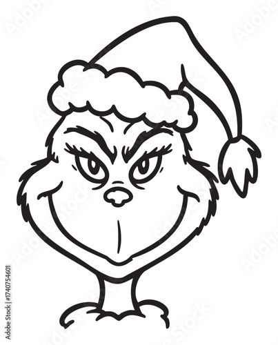 Black outline drawing of a grinning cartoon character wearing a fluffy santa hat with a mischievous expression.