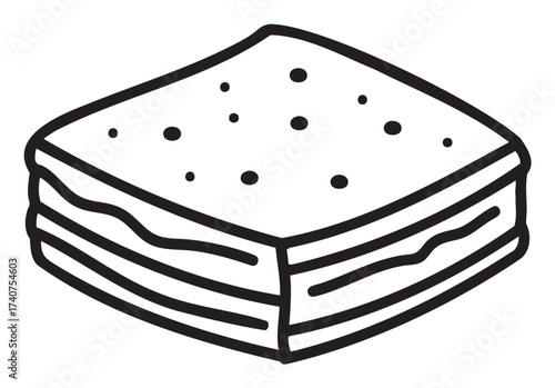Black outline of a simple square layered cake with a textured top surface and wavy lines on the sides.