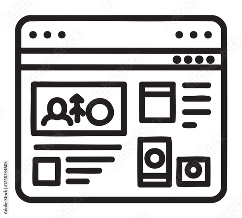 Black outline drawing of a web page layout with various content blocks and icons, including images and text placeholders.