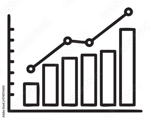 Black outline of a bar graph with a line chart overlay, illustrating data growth and trends in a minimalistic style.