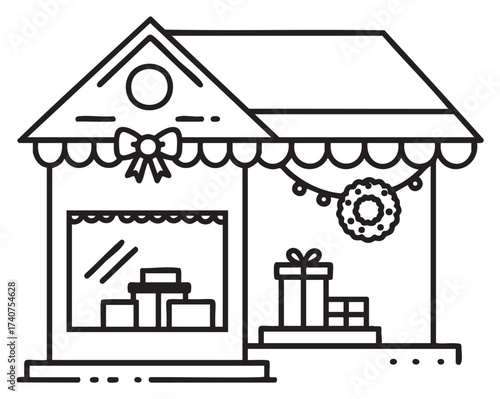 Black outline icon of a festive storefront adorned with a bow, wreath, and arranged gift boxes, conveying a holiday shopping atmosphere.