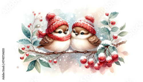 Winter sparrows in red hats on a snowy branch with berries.