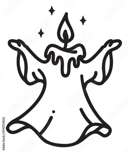 Black outline drawing of a simple ghostly figure shaped like a melting candle with a flame and stars above it, creating a whimsical halloween theme.