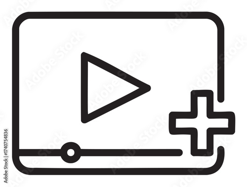 Simple black outline of a video play button with an additional plus symbol inside a rectangular frame.