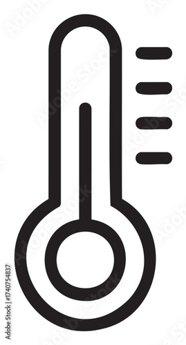 Simple black outline icon of a thermometer with a bulb and vertical lines indicating temperature changes.