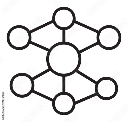 Black outline vector icon of a simple molecular structure with interconnected circular nodes representing atoms or molecules.