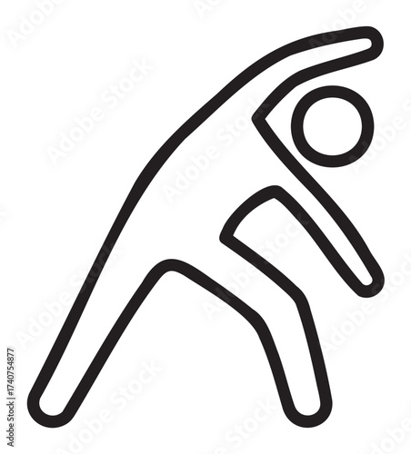 Black outline drawing of a simplistic person stretching with an extended arm and arched leg. minimalist style represents athletic and fitness concepts.