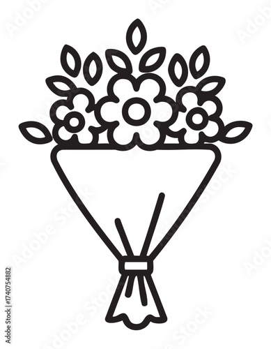 Black outline icon of a simple flower bouquet with round flowers and leaves, wrapped with a ribbon at the base.