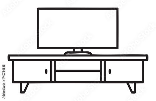 Black outline drawing of a flat-screen television on a modern entertainment console with two cabinets and an open shelf.