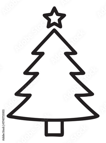 Black outline drawing of a simple christmas tree with a star on top, representing holiday and festive themes.