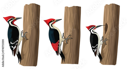 Three woodpeckers are depicted pecking at different stages of creating a hole in a wooden log.