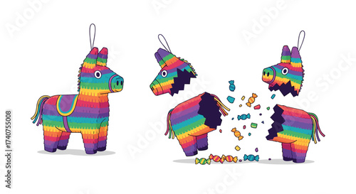 A colorful pixelated donkey piñata breaks apart into pieces and candy.