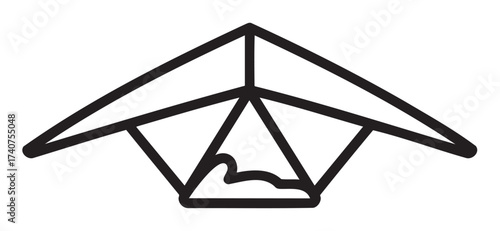 Black outline icon of a simple triangular hang glider with minimal linear design, featuring a seated pilot underneath the wing structure.