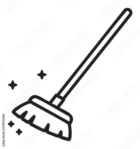 Simple black outline drawing of a broom with long handle and scattered cleaning sparkles, symbolizing cleanliness and tidiness.