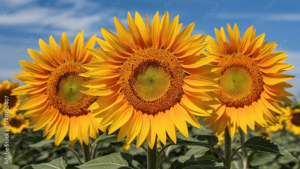 Naklejka premium Vibrant sunflowers bloom under a clear blue sky, showcasing nature's stunning beauty and warm summer radiance in a field of golden petals.