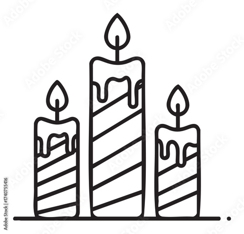 Simple black outline drawing of three striped candles with burning flames and dripping wax.