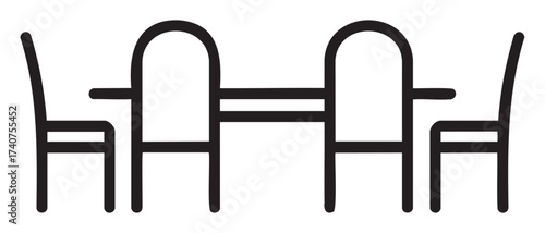 Simple black outline of two chairs and a table in a minimalistic linear style. perfect for furniture or dining concepts.