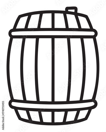 Simple black outline icon of a classic wooden barrel with staves and metal bands, perfect for storage or vintage theme concepts.