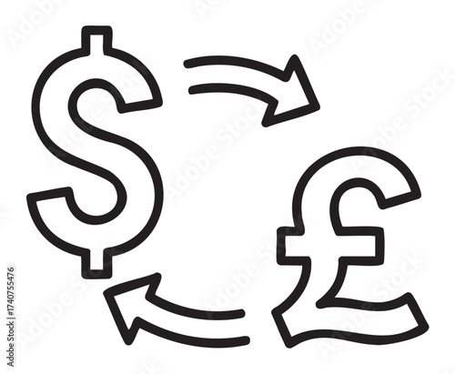 Black outline icon showing currency exchange between the dollar and pound symbols, connected by three curved arrows.