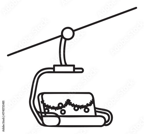 Black outline vector icon of a ski lift chair adorned with holiday decorations, suspended from a cable, conveying a festive winter theme.