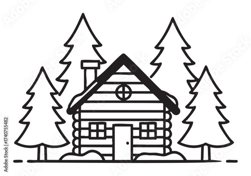 Black outline vector icon of a rustic log cabin surrounded by tall pine trees, symbolizing forest retreats and outdoor adventure.