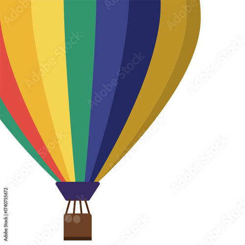 Hot air balloon with colorful stripes and basket. Exploration and travel adventure concept. Flat illustration element.