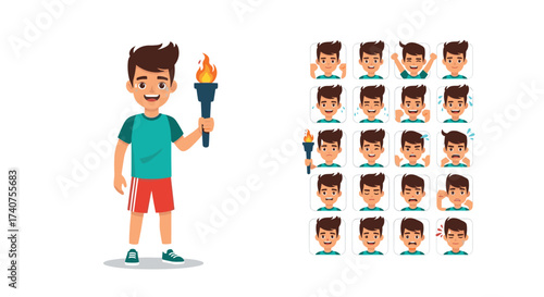 A young boy holds a flaming torch representing Olympic spirit and a collection of diverse facial expressions.