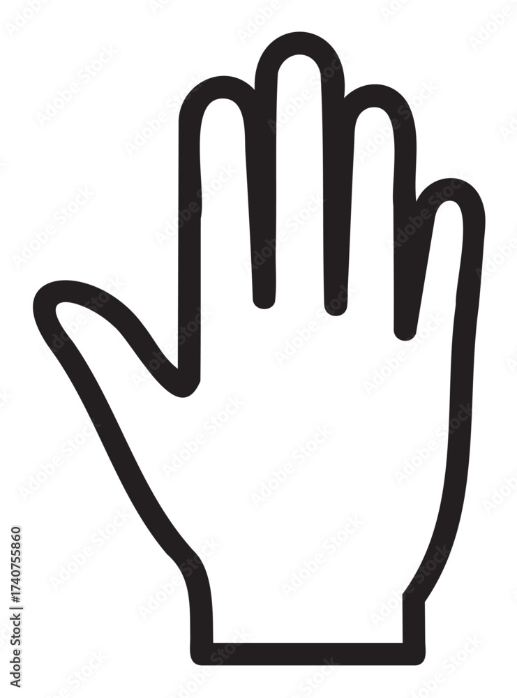 Obraz premium Black outline of a raised right hand with outstretched fingers, symbolizing a stop or high-five gesture.