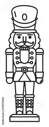 Black outline illustration of a traditional wooden nutcracker doll, featuring detailed facial features and a soldier's attire.