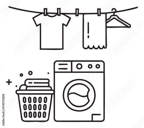 Black outline icons of a washing machine and laundry basket with clothes, depicting a laundry concept in a minimalistic linear style.