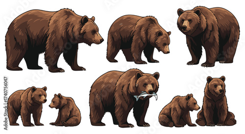 A collection of pixel art grizzly bears in various poses and sizes.