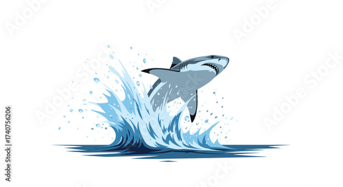 A magnificent great white shark leaps spectacularly out of the ocean water creating a dramatic splash.