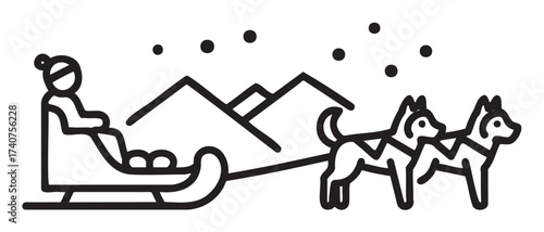 Black outline icon of a person riding a dog sled through snowy mountains with two huskies, featuring falling snowflakes.