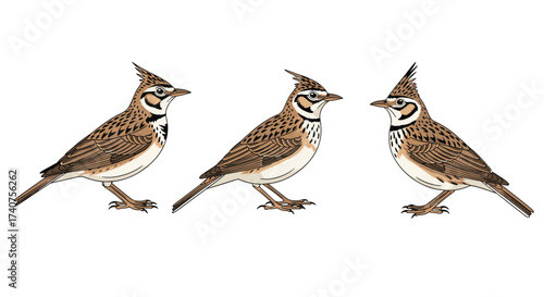 Three horned larks stand side by side on a white background.