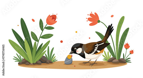 A mother bird feeds her hungry chick in a field of colorful flowers.