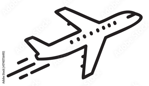 Black outline icon of an airplane in flight with a streamlined profile and jet streams trailing behind. simple linear design ideal for travel and aviation themes.