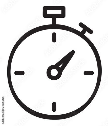 Black outline icon of an analog stopwatch with a pointing arrow and button, indicating timekeeping and precision.