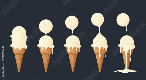 A series of pixel art ice cream cones melting down to show a drip and melt effect.