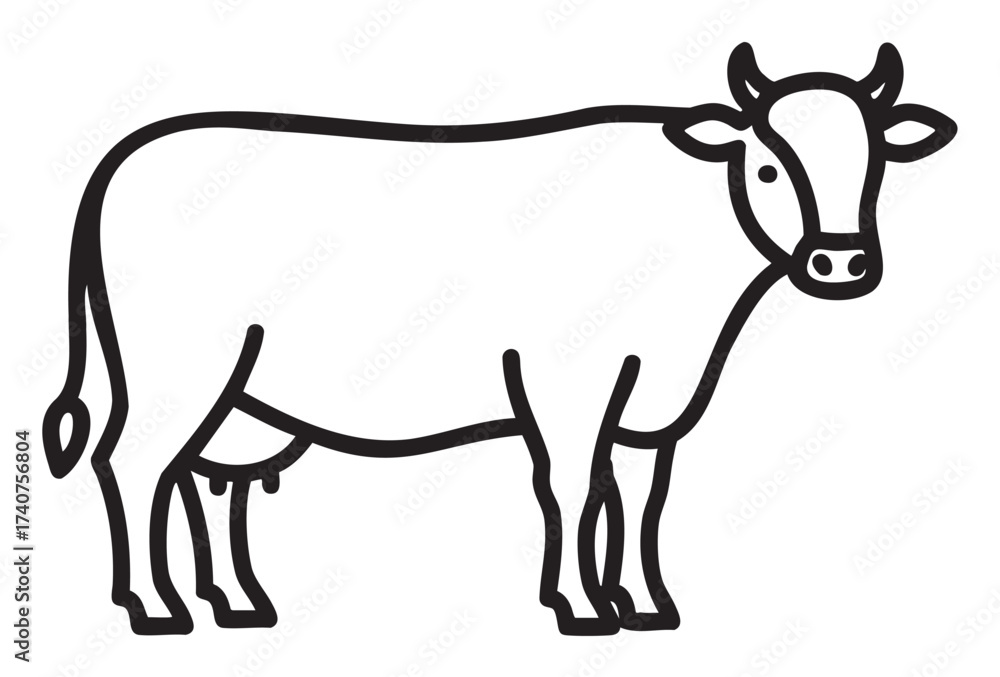 Obraz premium Black outline drawing of a cow standing in profile view, showcasing a simple and minimalistic design for educational and agricultural purposes.