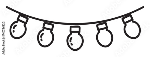 Black outline drawing of a string of five round light bulbs hanging in a row, emphasizing minimalistic and decorative indoor or festive lighting concept.