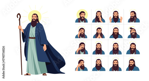 A man with a long beard and robe holding a staff and various facial expressions.