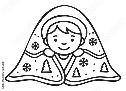 Black outline vector icon of a smiling child wrapped in a winter-themed blanket adorned with snowflakes and trees.